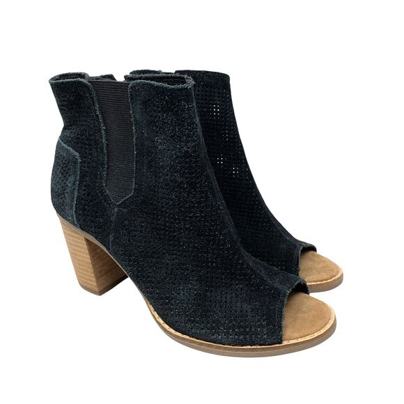 Toms Majorca Peep Toe Perforated Suede Ankle Bootie Womens Size 6.5 Black - Picture 1 of 7